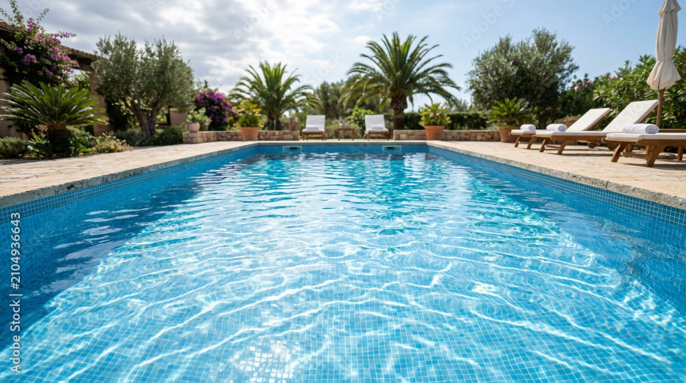 Fototapeta premium Luxury outdoor swimming pool with crystal clear blue water and sun loungers in a lush Mediterranean garden.