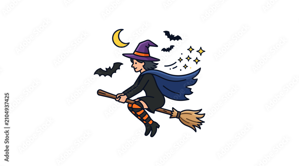 Fototapeta premium Cartoon witch flying on broomstick with bats and crescent moon.