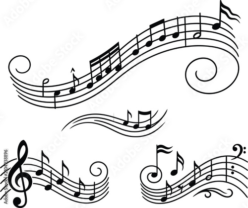 Foto flowing music notes on wavy staff lines treble clef silhouette vector graphic el