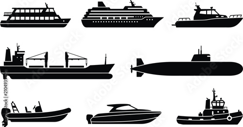 Canvas Print ship boat and submarine watercraft silhouette vector icon set marine transportat