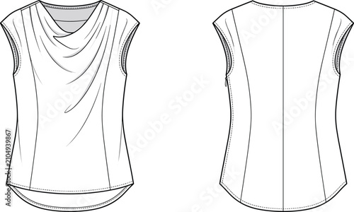 Bild auf Leinwand Women's Draped Cowl Neck Sleeveless Blouse Technical Fashion Flat Sketch Front a