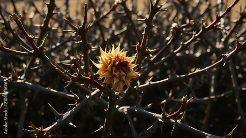 Dense thorny bush with glistening spikes entwining a withered flower, close-up.