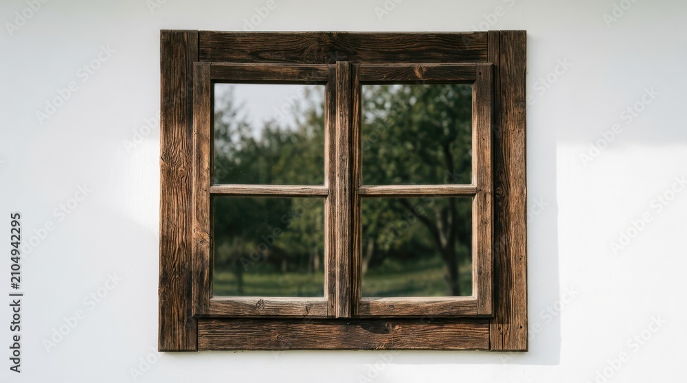 Fototapeta premium Rustic wooden window looking out to green trees with architecture