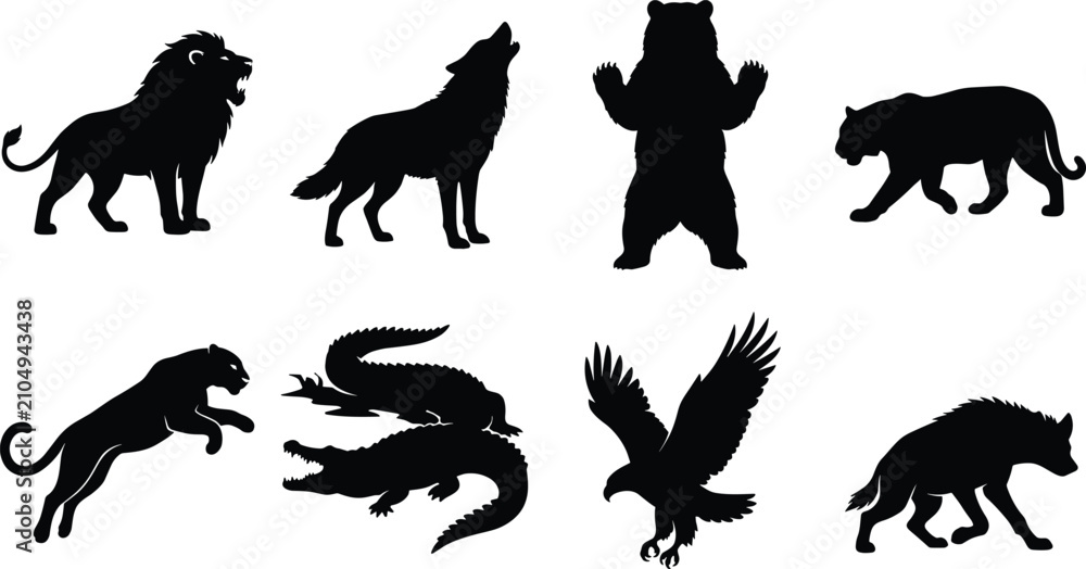 Obraz premium Wild Animal Silhouettes Set Including Roaring Lion, Howling Wolf, Standing Bear, Tiger, Panther, Crocodile, Eagle, and Hyena