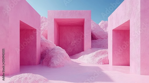 Pink, textured, 3D scene with open cubes