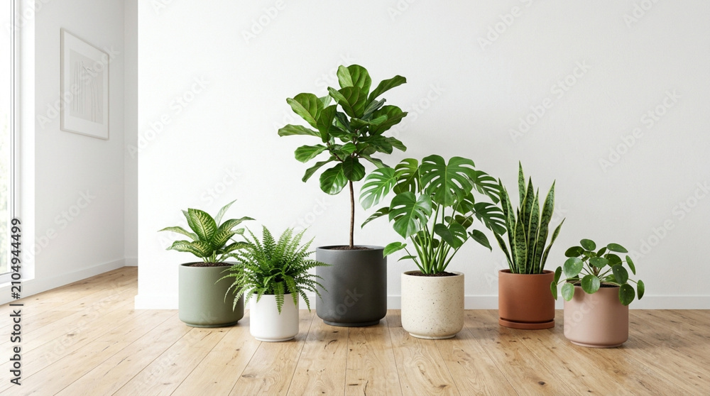 Fototapeta premium Assorted Potted Houseplants on Wooden Floor in Bright, Modern Interior