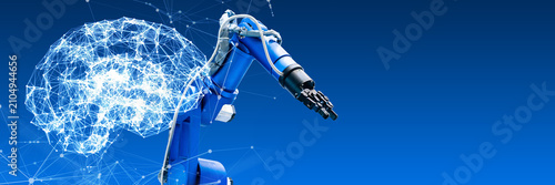 Obraz na płótnie 産業ロボットとAIネットワーク。工場、製造業、DX、フィジカルAI、FA、スマートファクトリー、通信