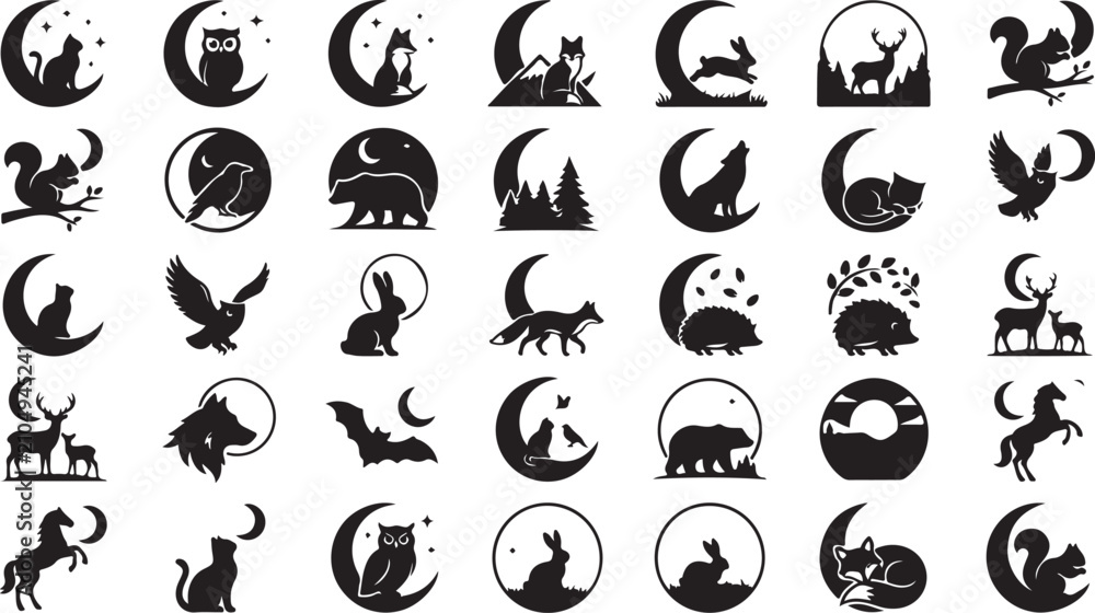 Fototapeta premium Collection of wild animal silhouettes with moon and night sky elements for creative graphic design projects