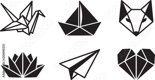 Six black origami paper folding shapes set Vector