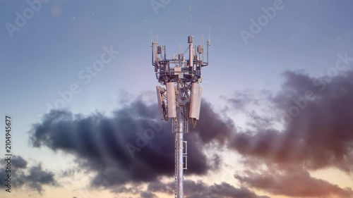 5G Mobile Communications Tower with Waves Emanating from the Transmitter