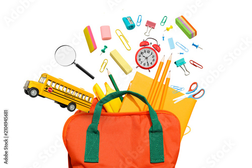 Quadro su tela Colorful school supplies spill out of a backpack in vibrant display, PNG