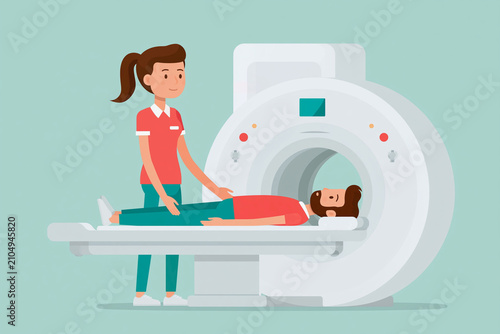 Young woman comforts patient lying in MRI scanner. Patient appears calm, relaxed during procedure. Medical staff ensures patient comfort with gentle touch. Ideal for healthcare, medical imaging