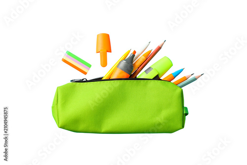 Canvas Print School supplies, Colorful pencil case is filled with stationery items for learni