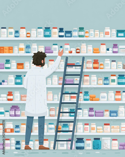 Pharmacist stands on ladder, reaching for medicine. Shelves hold countless colorful bottles. Professional posture, focused on task. Clear, calm atmosphere inside pharmacy. Ideal for healthcare