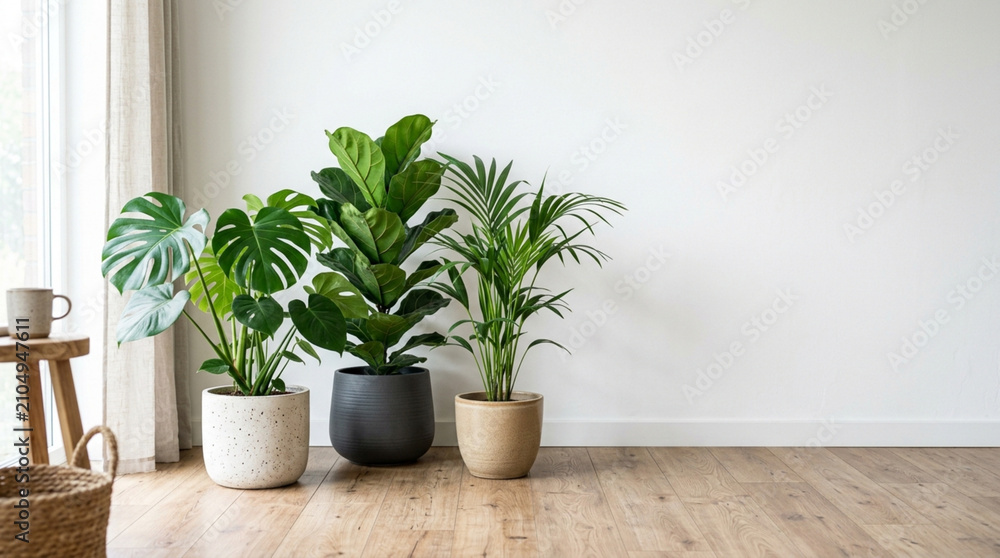 Fototapeta premium Interior Plants in Modern Pots Against White Wall
