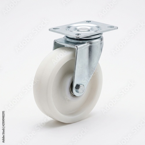 Naklejka A single white caster wheel with a silver metal mounting plate and frame. 