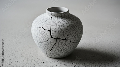White vase with cracked surface and black lines showcasing unique ceramic art and kintsugi repair technique