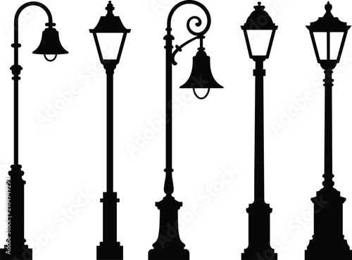 фотографія Five black silhouette of classic and ornate street lamps and lamp posts with different on a white background