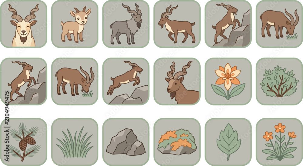 Obraz premium Set of cute mountain goat icons with nature elements like rocks and plants in a flat vector illustration style