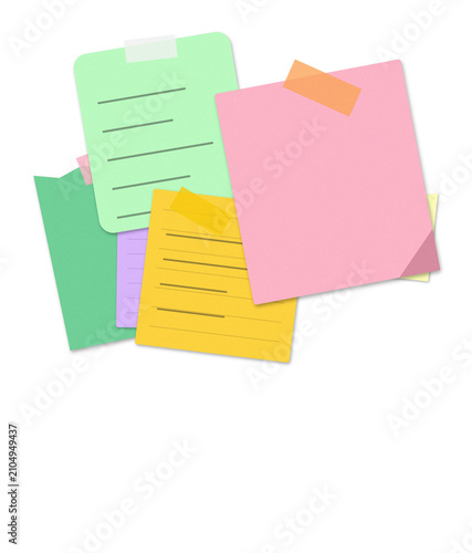 Cuadro en lienzo Stack of colorful sticky notes with tape on a blank surface isolated on transpar