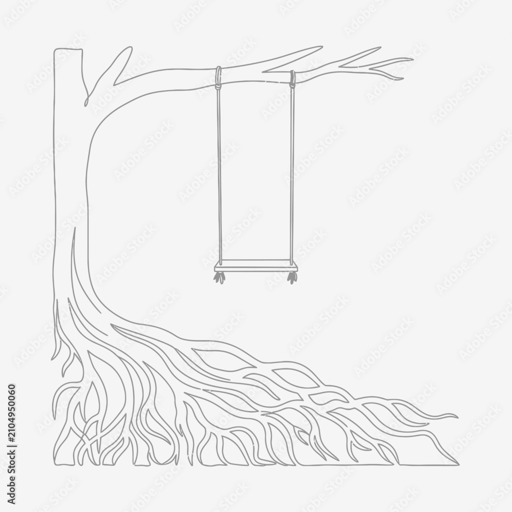 Obraz premium Minimalist Tree Swing Line Art Illustration, Tranquil Nature Scene