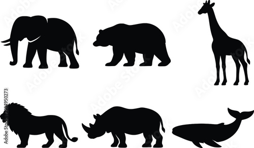 Photography Collection of wild animal black silhouettes including elephant, bear, giraffe, l
