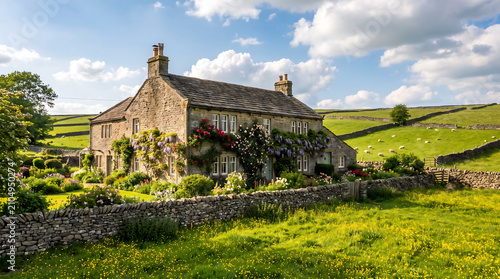 Traditional English stone cottage in rolling green hills of the British countryside with blooming garden and stone walls