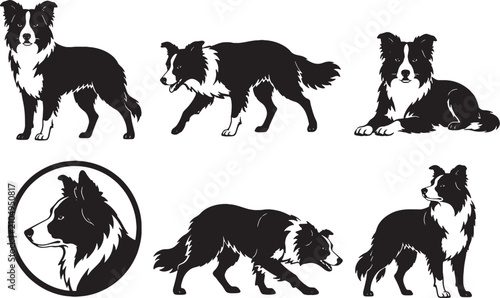 Border Collie Silhouette Icon Set Collection Black Dog Vector Isolated on White Background