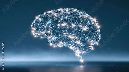 Glowing neural network forming human brain silhouette.