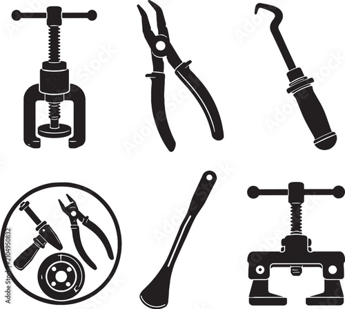 Quadro su tela Brake Service Tools Black Silhouette Vector Icon Set Brake Piston Rewind Tool Sp