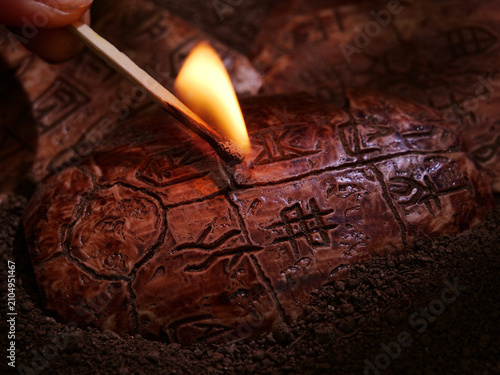 Canvastavla Ancient Cuneiform Clay Tablet Archaeological Discovery with Candle Flame Illumin