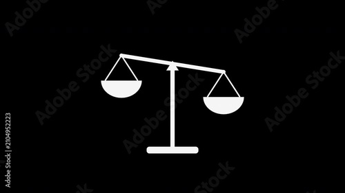 Tilting balance scale swinging gently, flat motion graphic overlay on transparent background, white