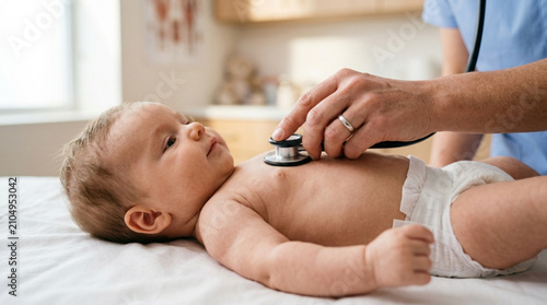 Doctor examining baby with stethoscope in clinic or hospital