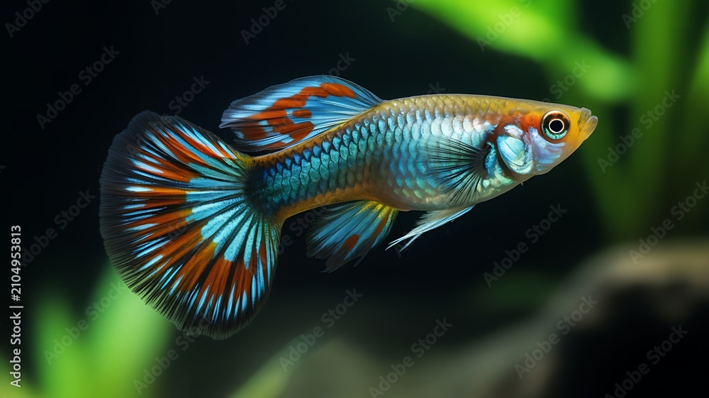 Fototapeta premium A close-up photograph of a vibrant guppy fish swimming gracefully in a lush underwater environment with soft background lighting