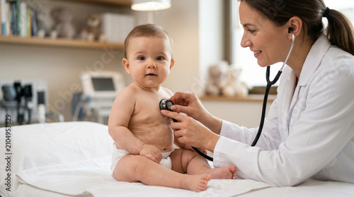 Doctor examining baby with stethoscope, pediatric checkup, caring pediatrician