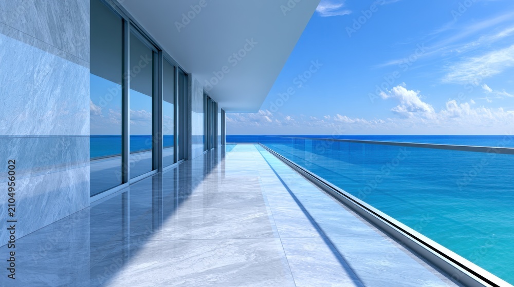 Obraz premium Modern balcony with glass railings overlooks serene ocean under clear blue sky and bright sunshine