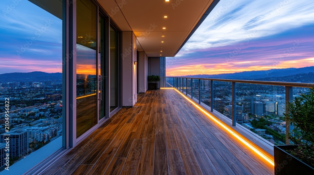 Obraz premium Modern balcony view of city skyline at sunset with wooden flooring and glass railing, creating a serene ambiance