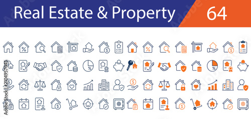 Premium Real Estate and Property Line Icons Set – 64 Modern Outline Vector Icons for Home, House, Building, Apartment, Mortgage, Construction, Property Management, Investment, Rental, Architecture, Re