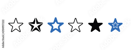 Star Rating Icon Set – Black Outline and Blue Silhouette Vector Collection Representing Review, Favorite, and Quality Evaluation Design