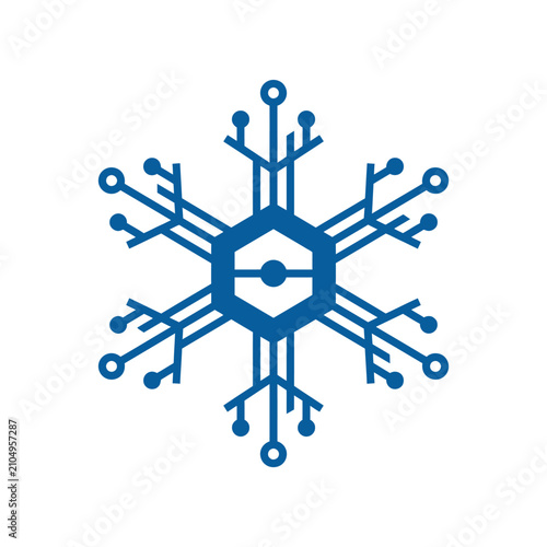 A blue digital snowflake icon on a clean white background