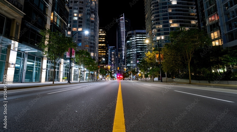 Naklejka premium Empty city street at night flanked by illuminated skyscrapers, trees, and glowing windows under dark sky