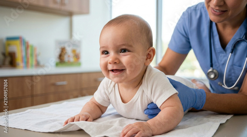 Happy baby smiles during pediatrician check-up, crawling on examination table