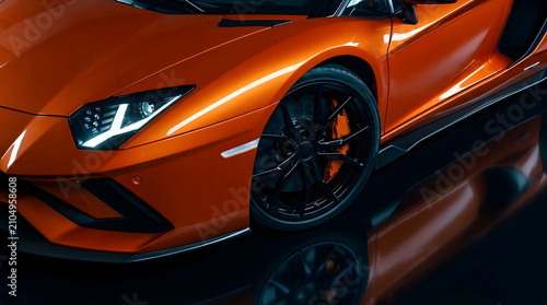 Close-up front wheel view of an aggressive orange supercar with black alloy wheels