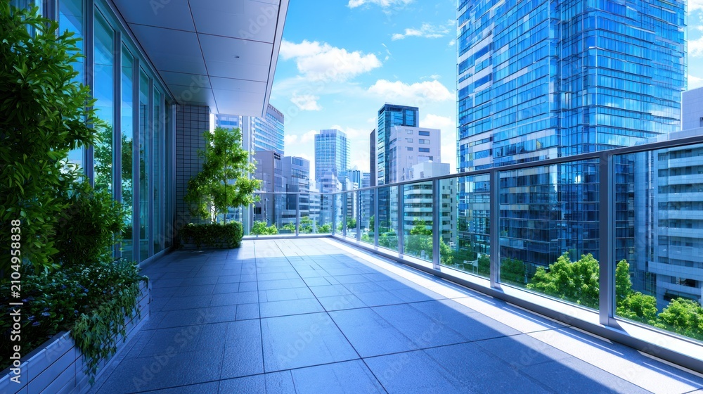 Obraz premium Modern urban balcony with city skyline views and lush greenery on a clear, sunny day