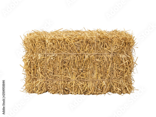 A rectangular bale of dry golden straw isolated on transparent background