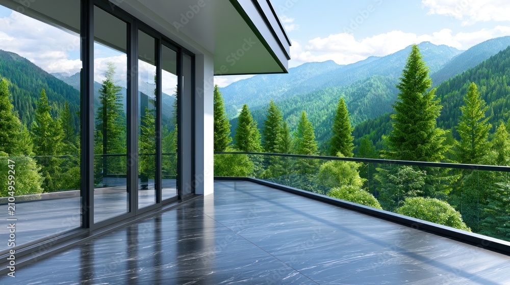Obraz premium Modern terrace with glass railing offers scenic mountain views and lush green pine forest under clear sky