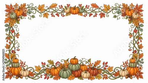 Luxury Autumn Pumpkin Border with Stacked Pumpkins, Berry Branches, Oak Leaves, and Twisting Vines – Editable Vector