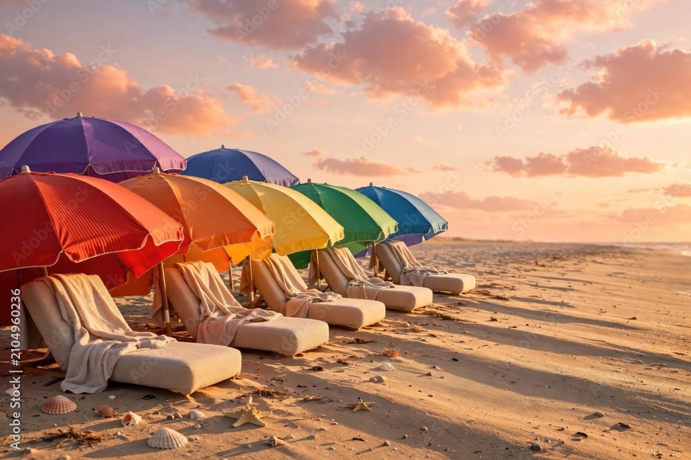 Obraz premium Rainbow Beach Umbrellas at Sunset