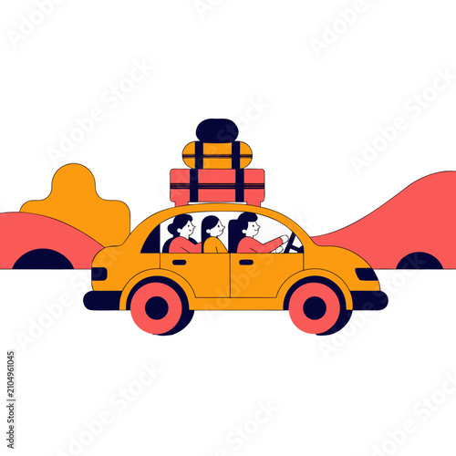 Family road trip in a car travel illustration