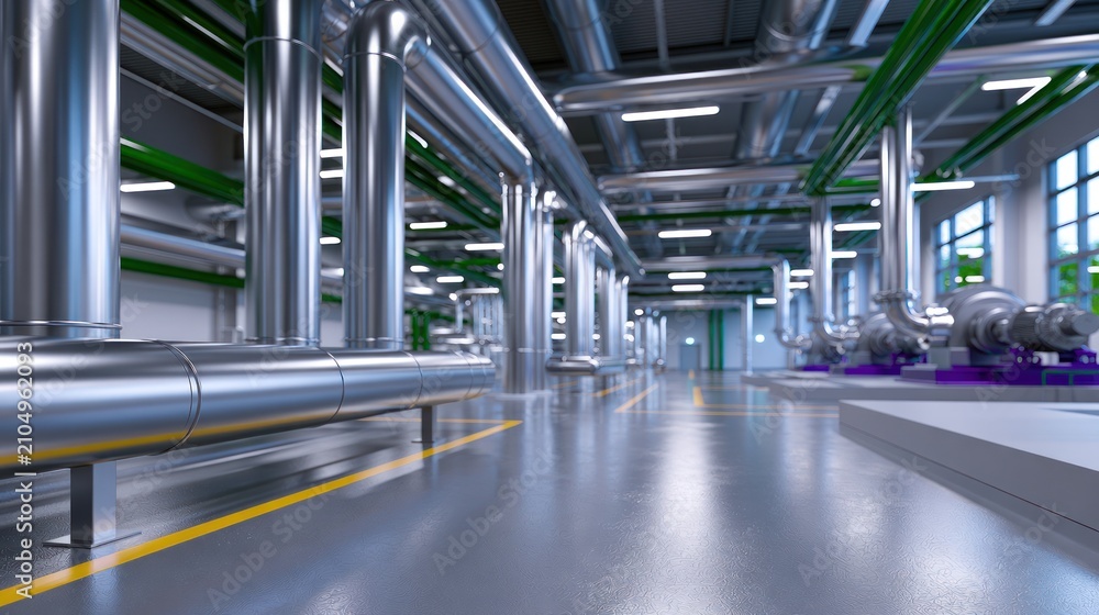 Obraz premium Industrial facility interior with polished floors, complex pipelines, reflective surfaces, and bright lighting